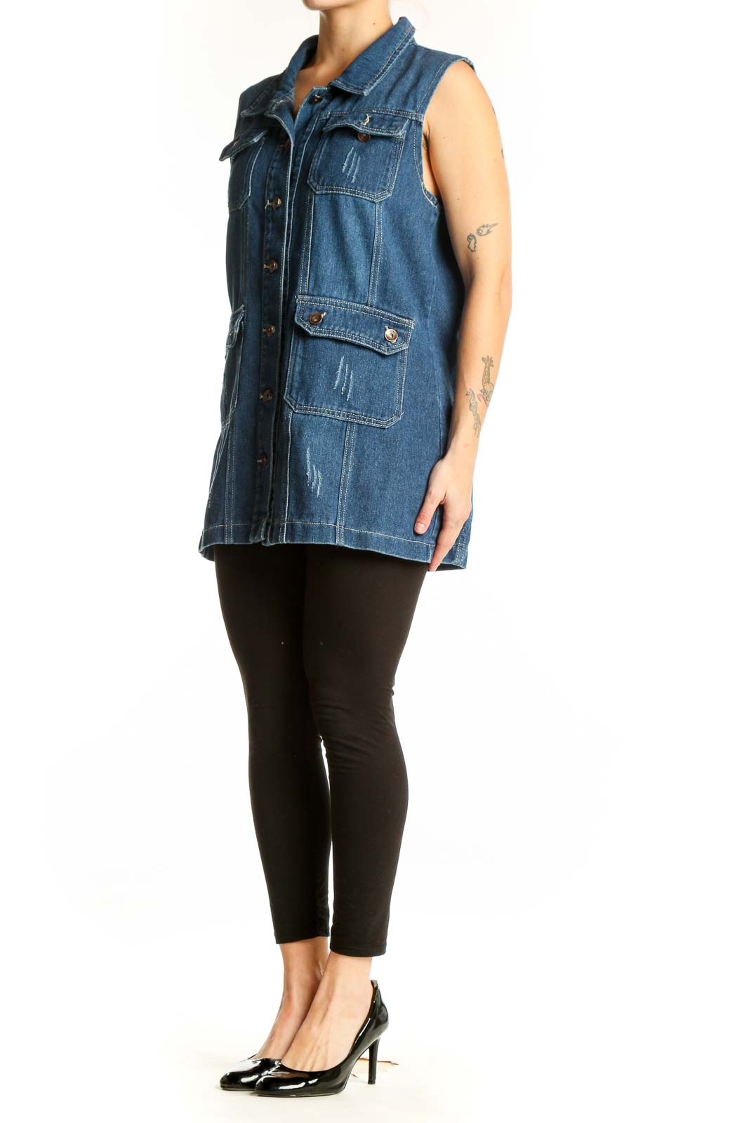 SilkRoll blue denim sleeveless vest jacket with distressed detailing and multiple pockets, front view