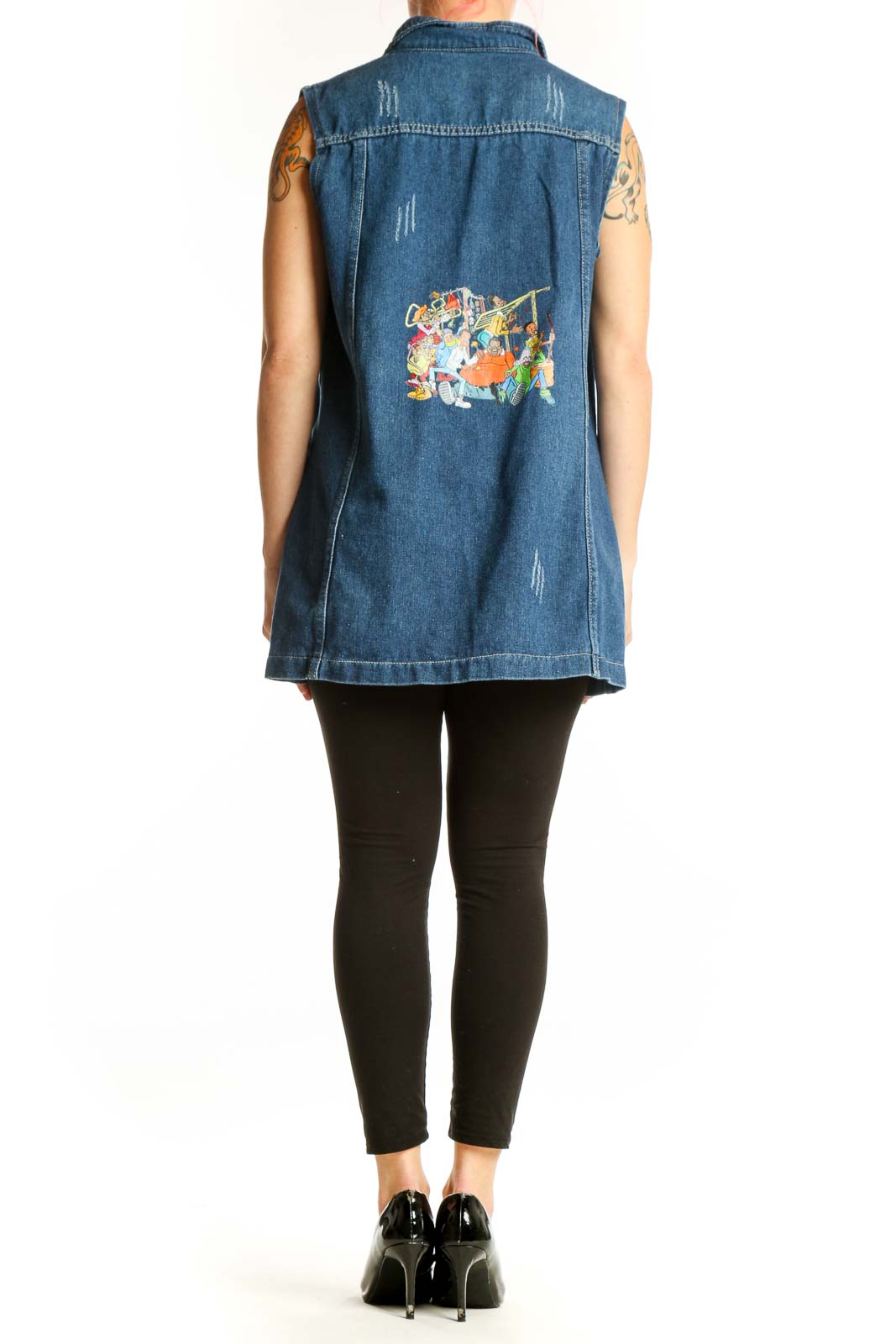 SilkRoll blue denim sleeveless vest jacket back view showing relaxed fit and button-front closure