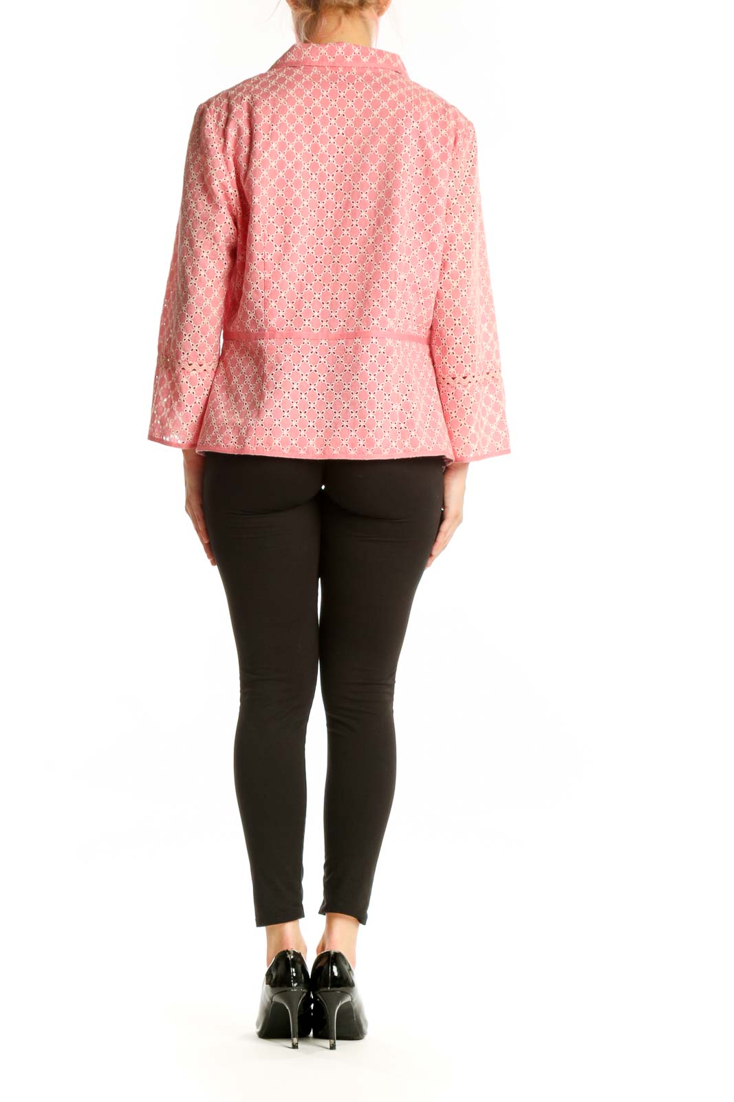 Back view of pink geometric cotton blazer showing relaxed fit and three-quarter length sleeves