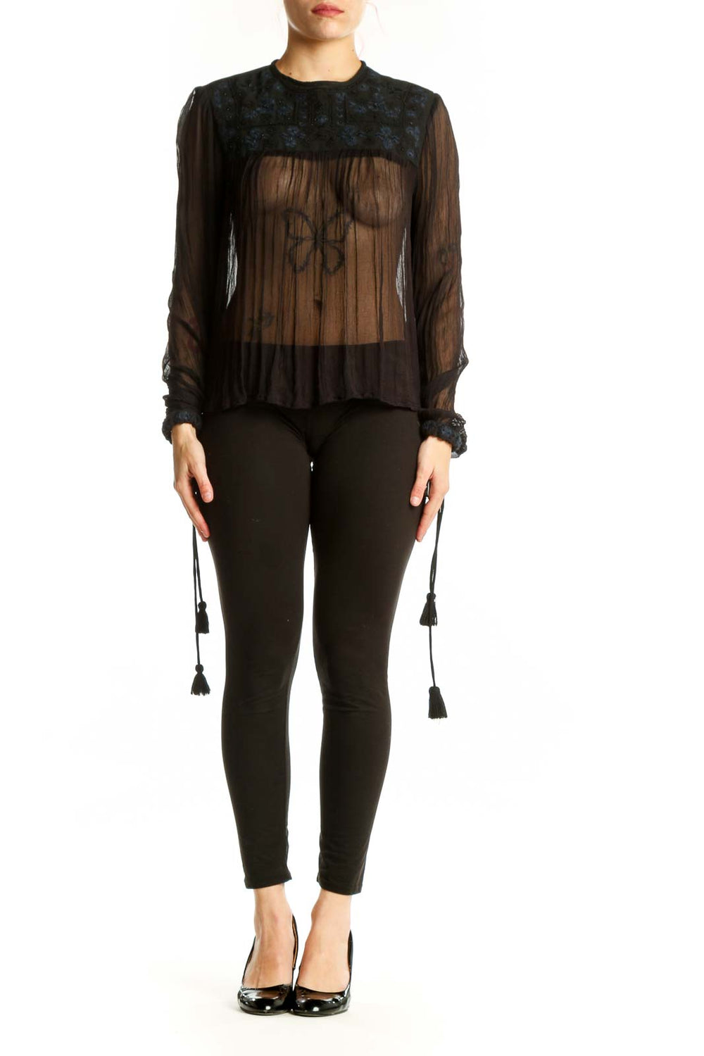 Black sheer lace pleated blouse with long sleeves and gathered cuffs, front view