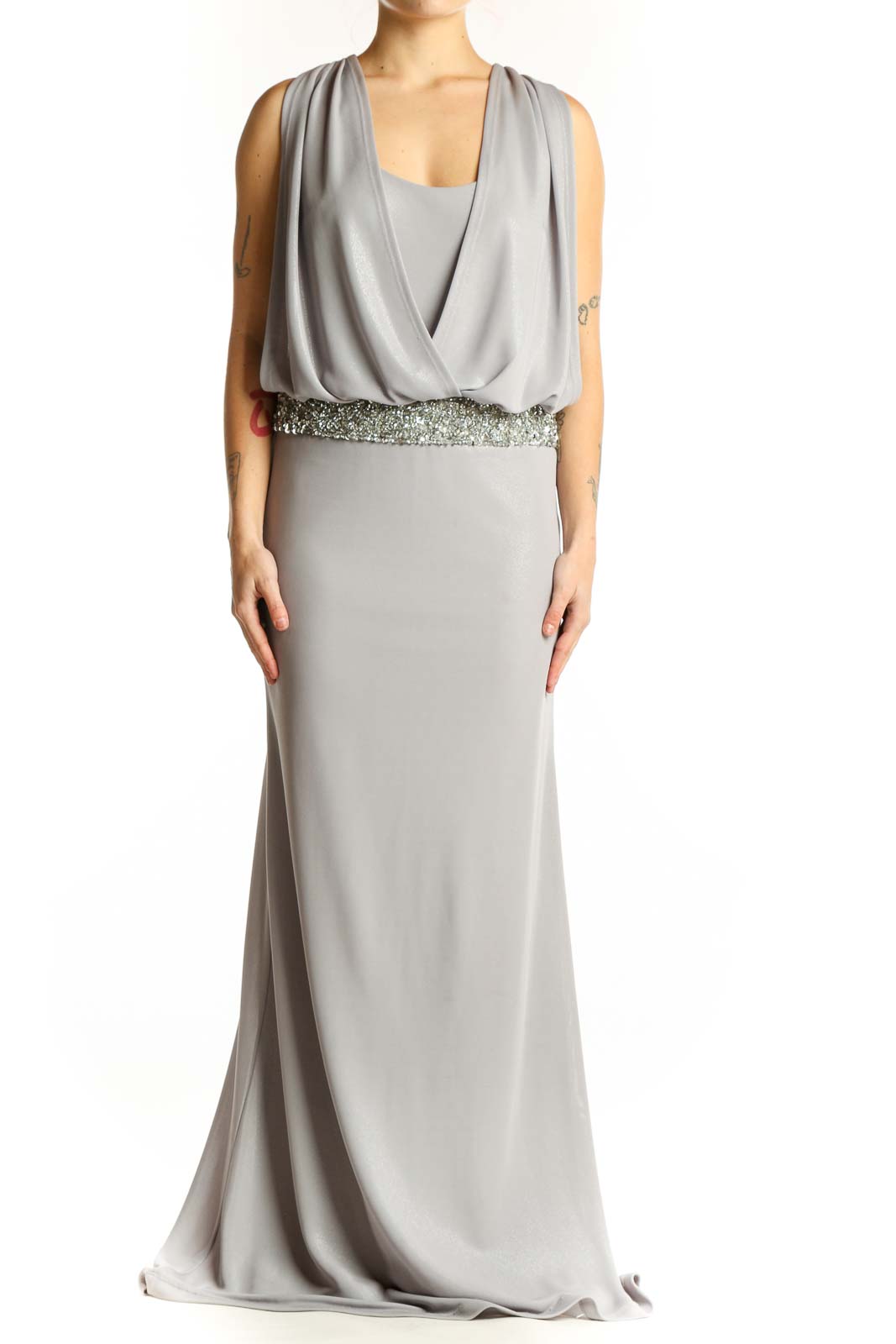 Silver draped evening gown with beaded waist detail and cowl neckline, front view