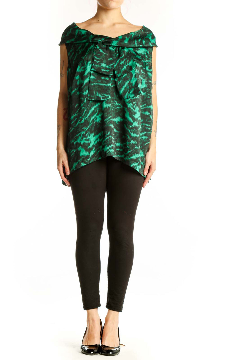 Green and black animal print off-shoulder top with draped neckline and asymmetrical hem, front view