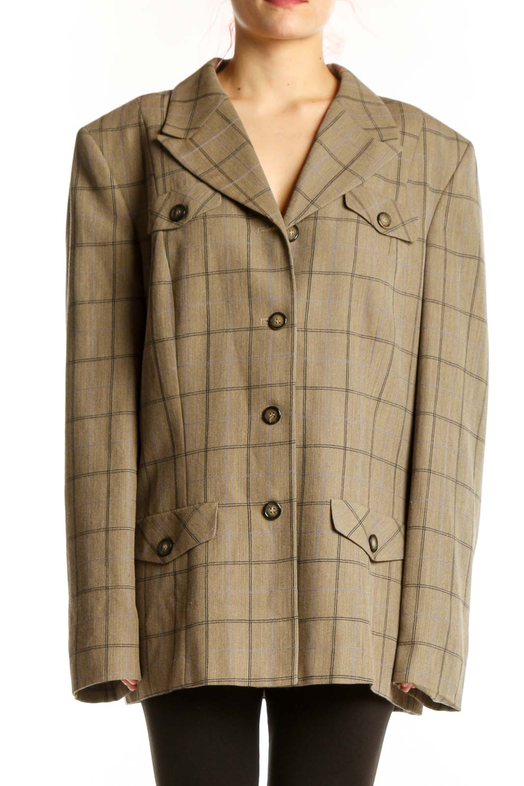 Beige plaid Pendleton wool blazer jacket with notched lapel and button-front closure, displayed on model from front