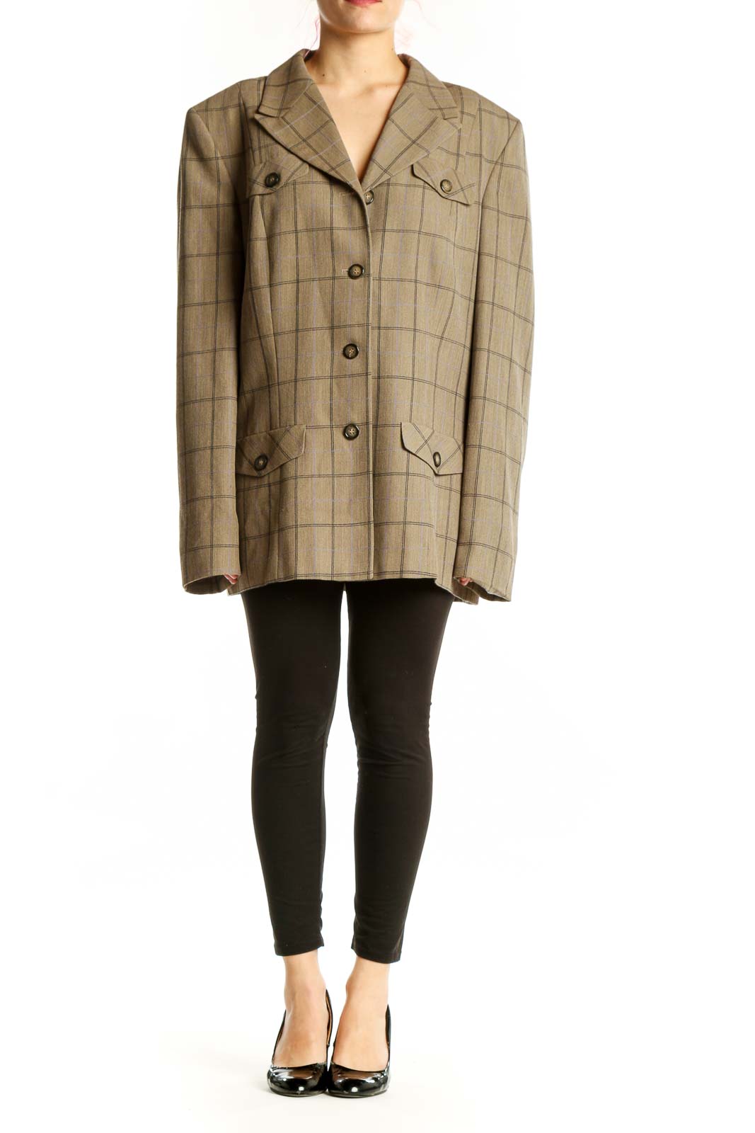 Beige plaid Pendleton wool blazer jacket with notched lapel and button-front closure, displayed on model from front
