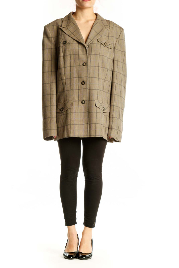 Beige plaid Pendleton wool blazer jacket with notched lapel and button-front closure, displayed on model from front