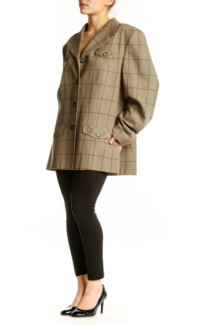 Beige plaid Pendleton wool blazer jacket with notched lapel and button-front closure, displayed on model from front
