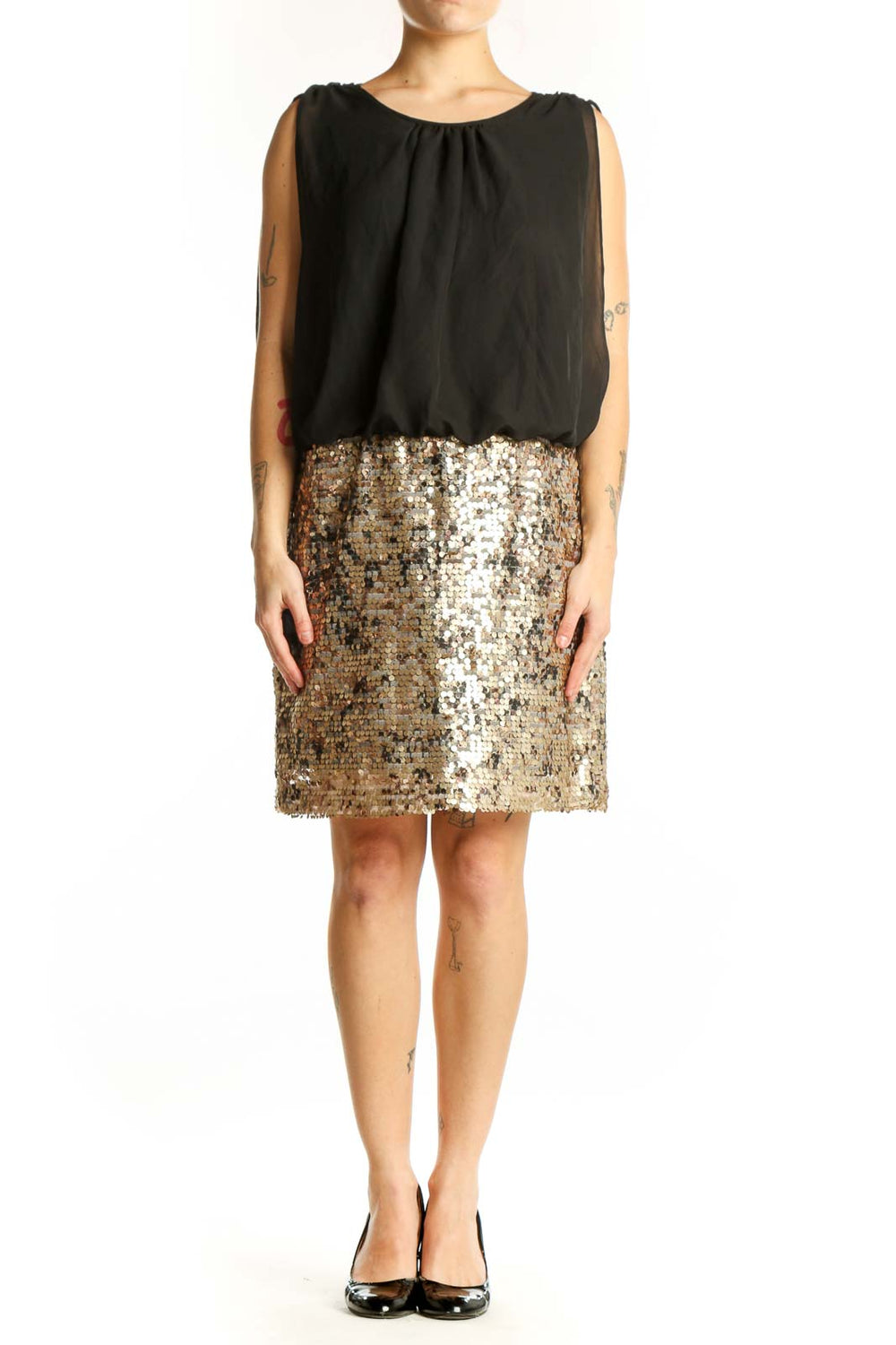 Black and gold sequin cocktail dress with blouson top, front view