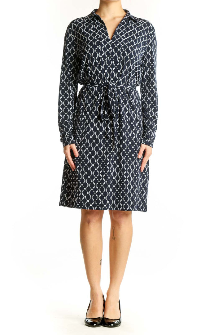 Navy geometric quatrefoil print shirt dress with button-front and belted waist, front view