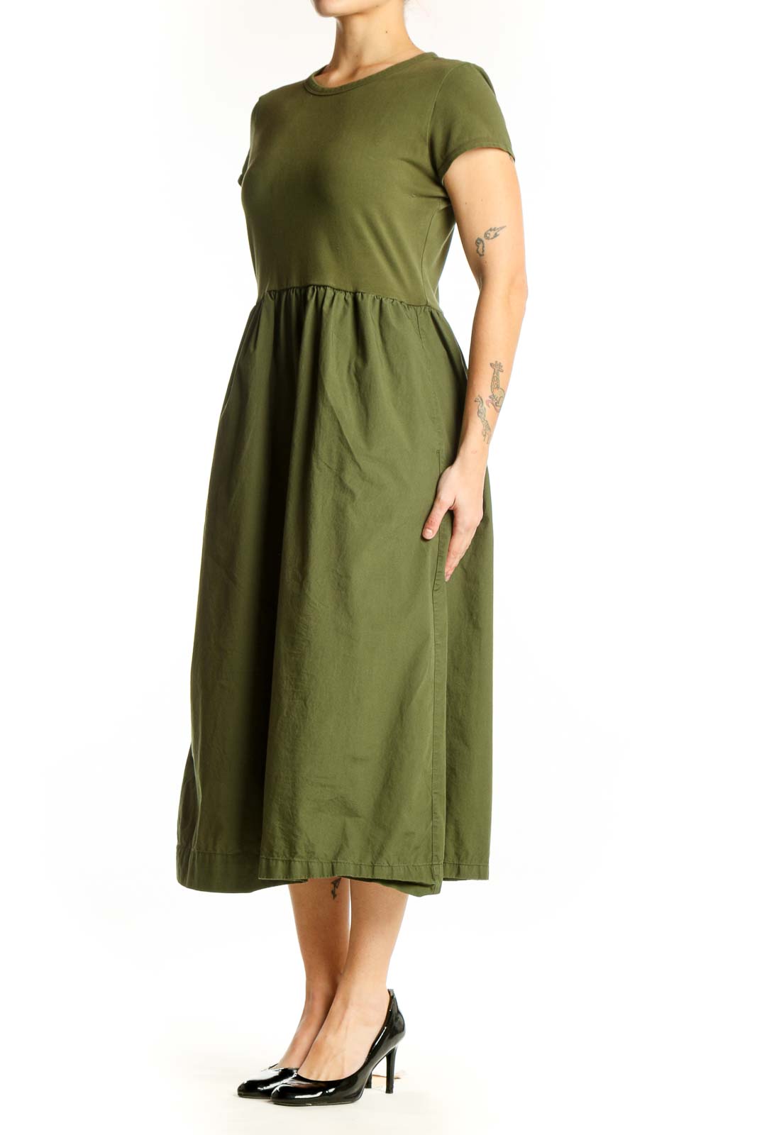 Front view of olive green cotton midi dress with short sleeves and gathered waist