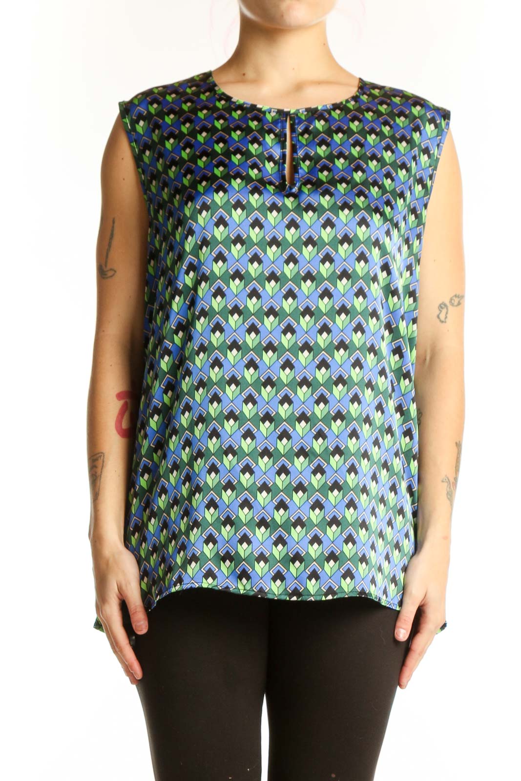 SilkRoll blue and green geometric diamond patterned sleeveless top front view on model