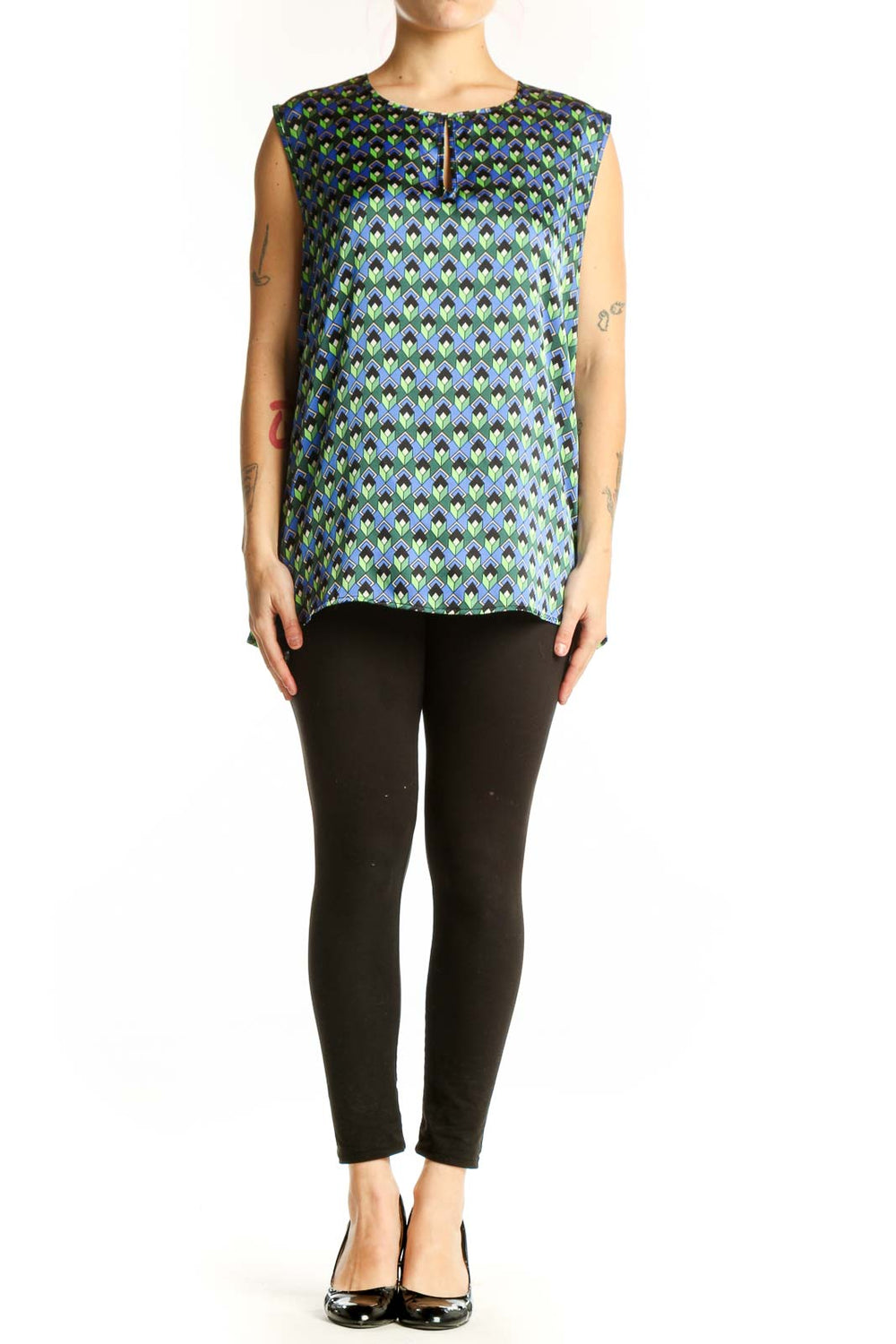 SilkRoll blue and green geometric diamond patterned sleeveless top front view on model