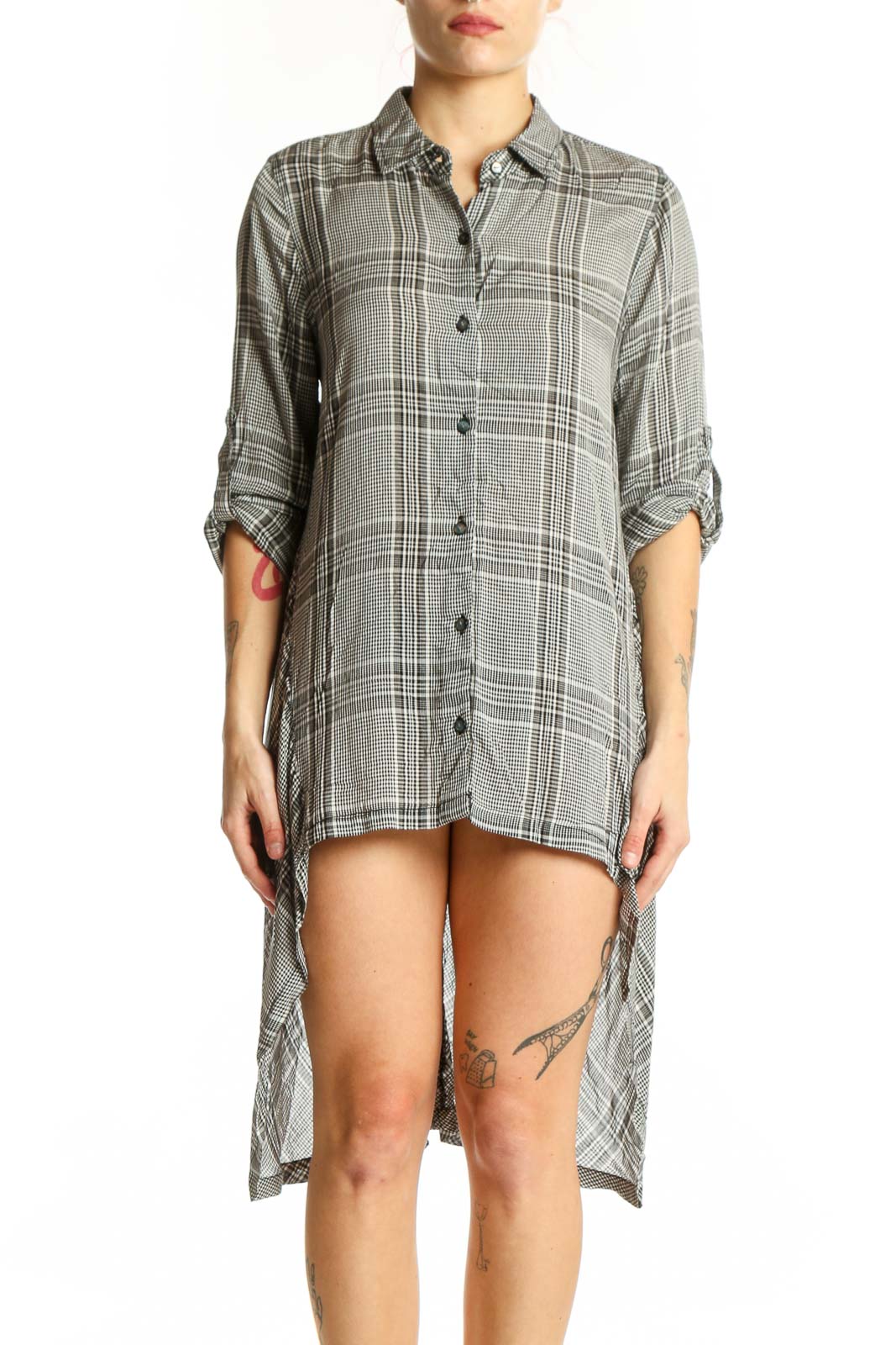 Gray plaid button-up shirt dress with high-low hemline and rolled sleeves, front view