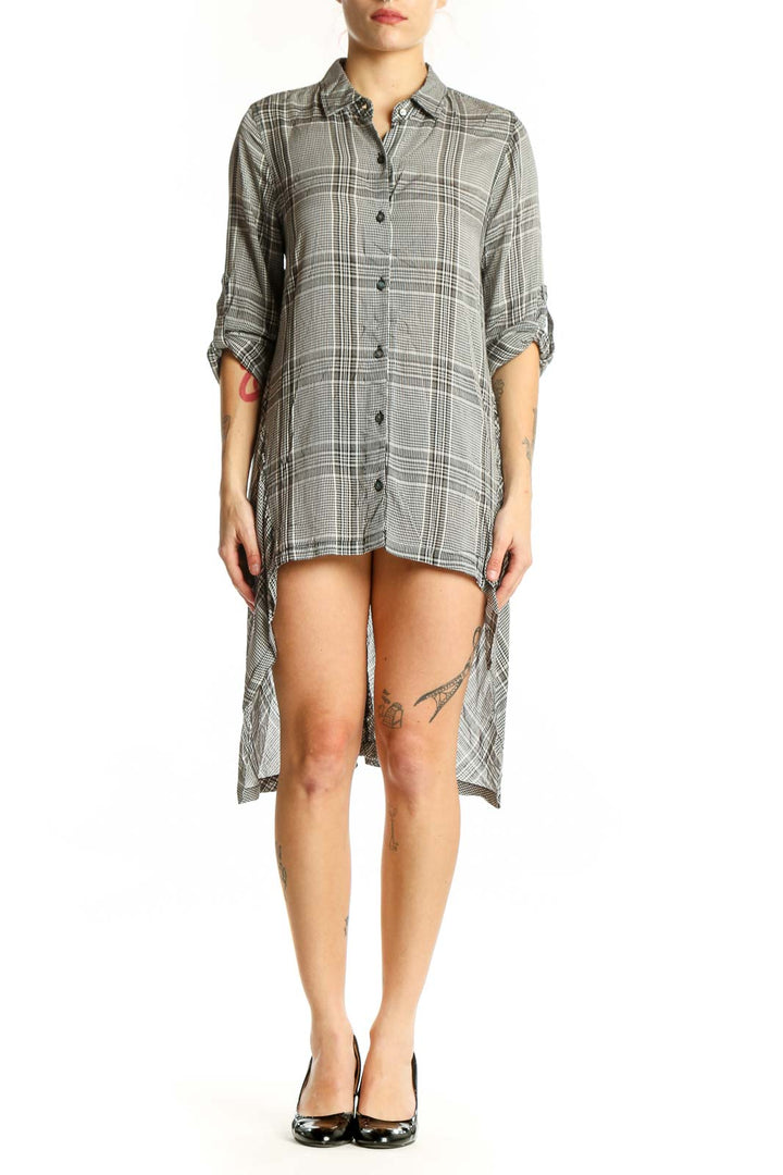 Gray plaid button-up shirt dress with high-low hemline and rolled sleeves, front view