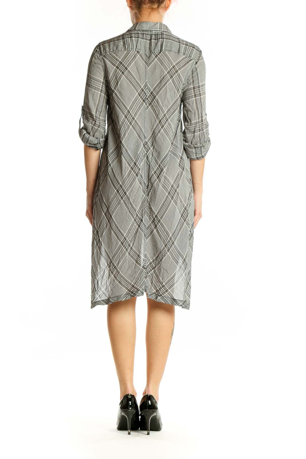Gray plaid button-up shirt dress with high-low hemline, back view