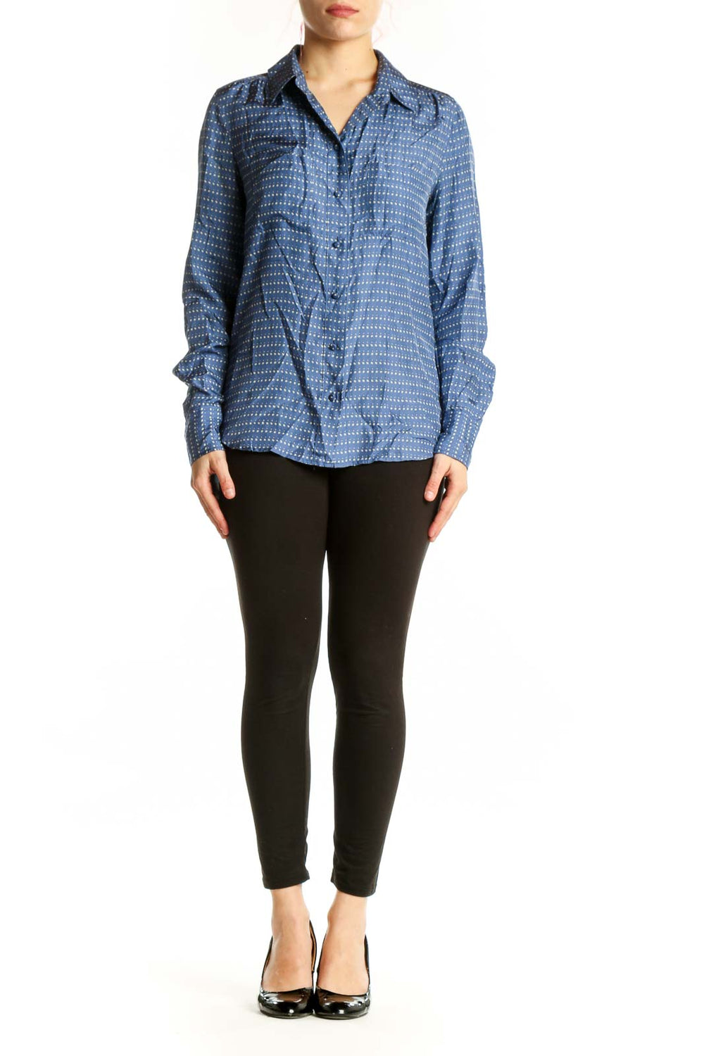 Blue and white dotted J.Crew silk button-up shirt with collar and long sleeves, front view on model