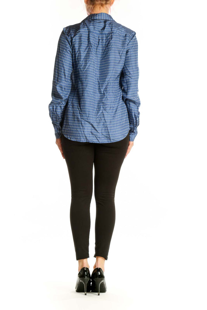 Blue and white dotted J.Crew silk button-up shirt back view, showing relaxed fit and button details