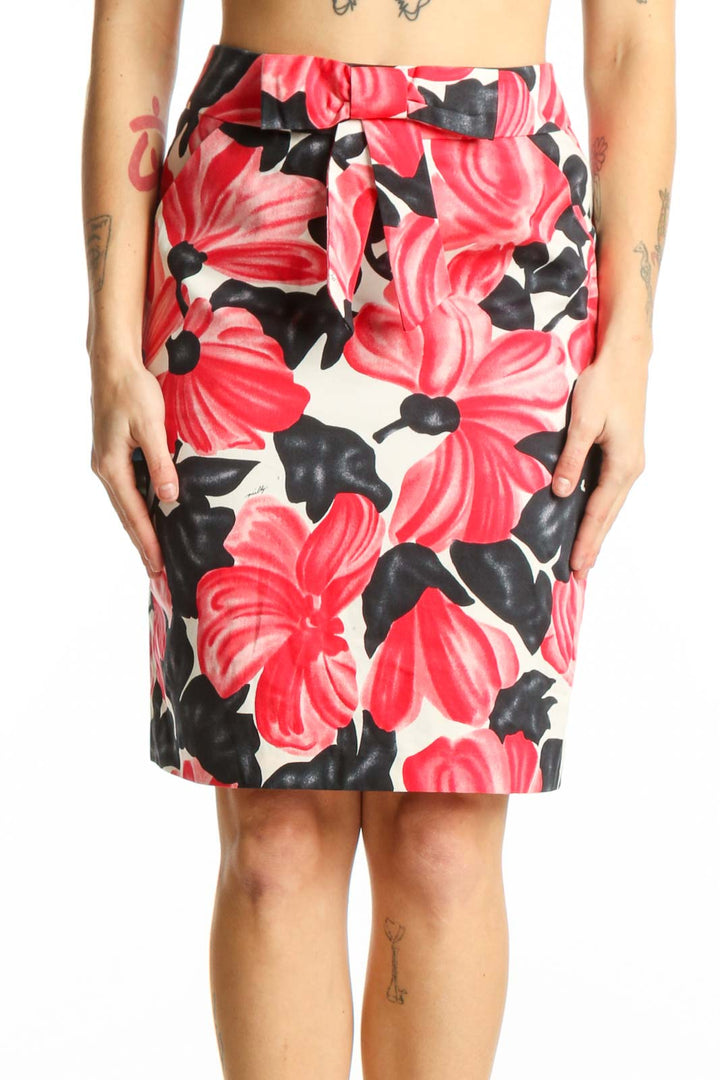 Red and black floral print pencil skirt front view, Milly designer skirt with botanical leaf pattern