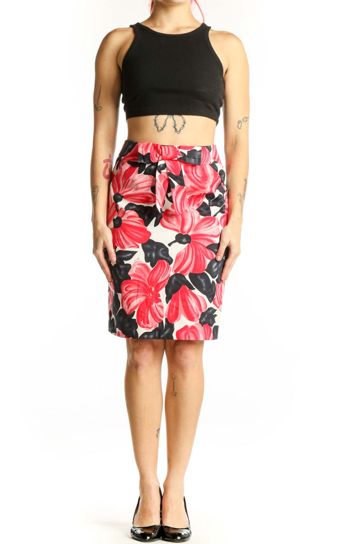 Red and black floral print pencil skirt front view, Milly designer skirt with botanical leaf pattern