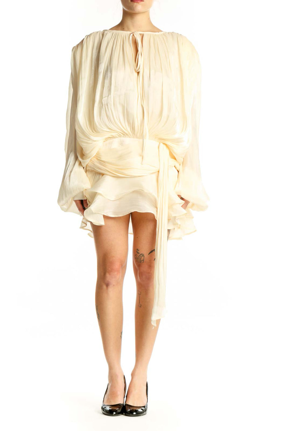 Miss Rosier cream pleated wrap mini dress with voluminous sleeves and draped waist detail, front view