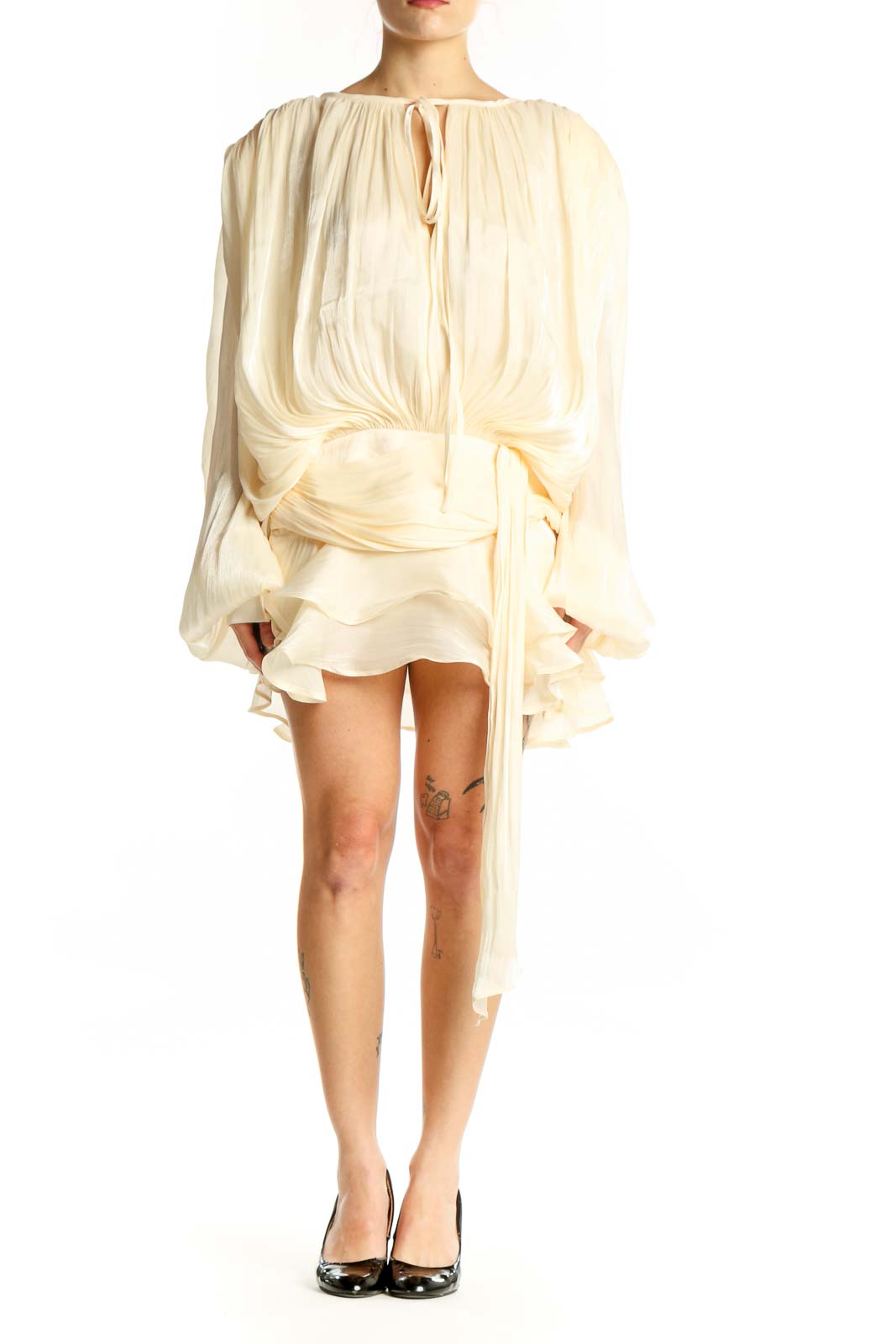 Miss Rosier cream pleated wrap mini dress with voluminous sleeves and draped waist detail, front view