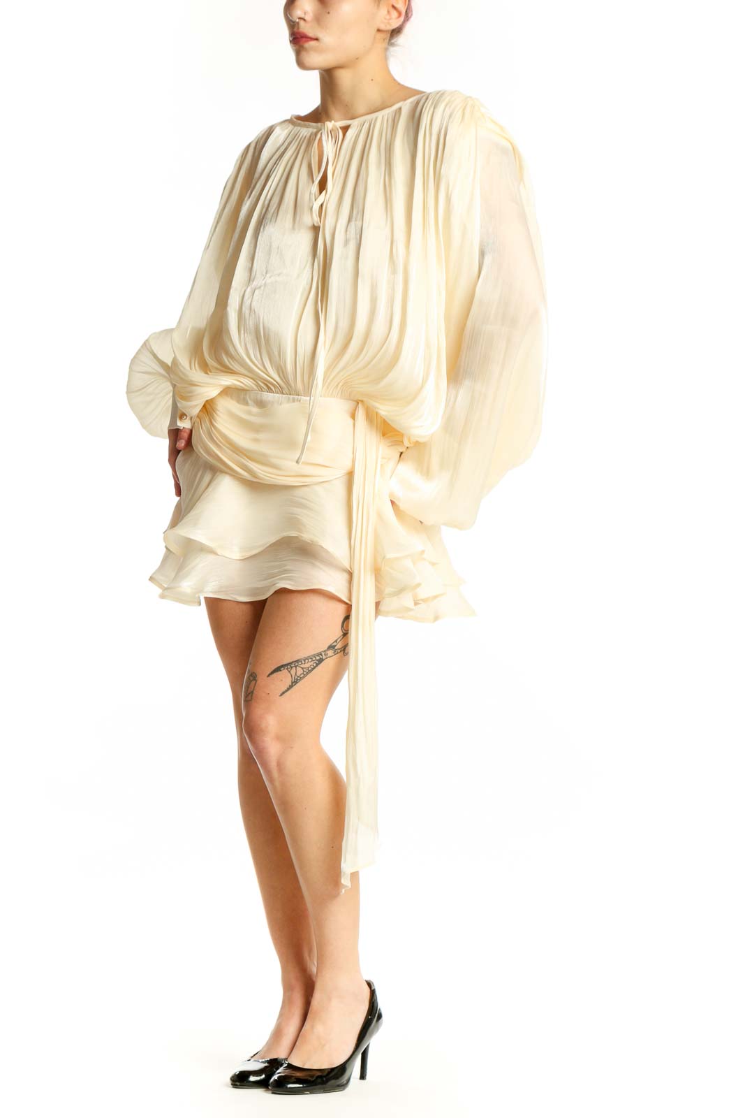Miss Rosier cream pleated wrap mini dress with voluminous sleeves and draped waist detail, front view