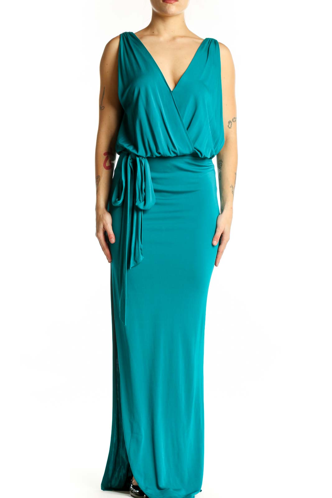Teal wrap maxi dress with V-neck and adjustable tie waist, front view