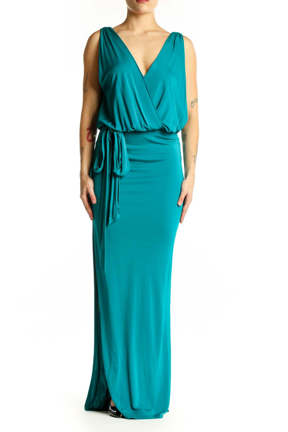 Teal wrap maxi dress with V-neck and adjustable tie waist, front view