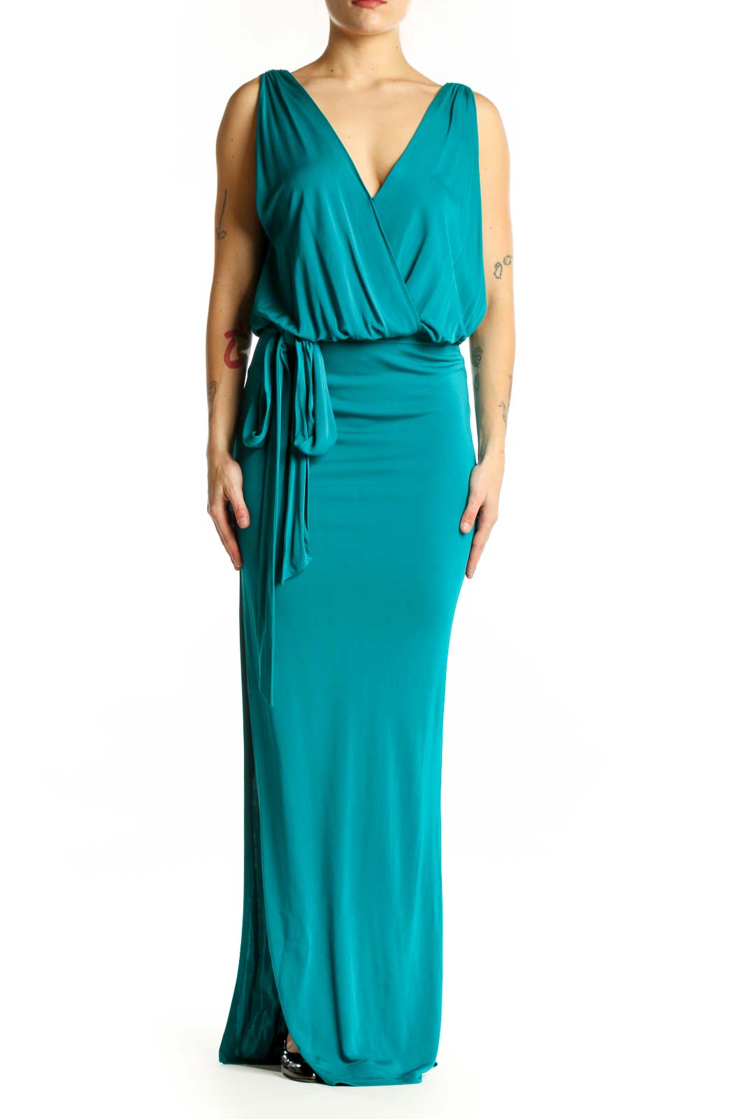 Teal wrap maxi dress with V-neck and adjustable tie waist, front view