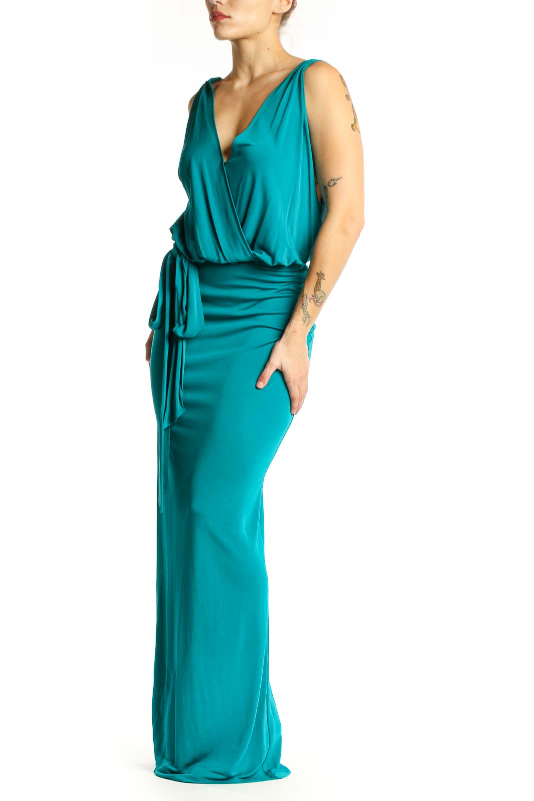 Teal wrap maxi dress with V-neck and adjustable tie waist, front view