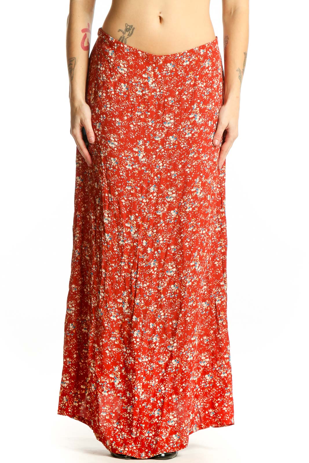 Red floral maxi skirt with white flower print, A-line silhouette, front view