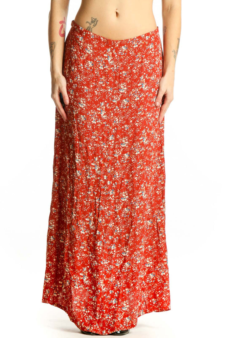 Red floral maxi skirt with white flower print, A-line silhouette, front view