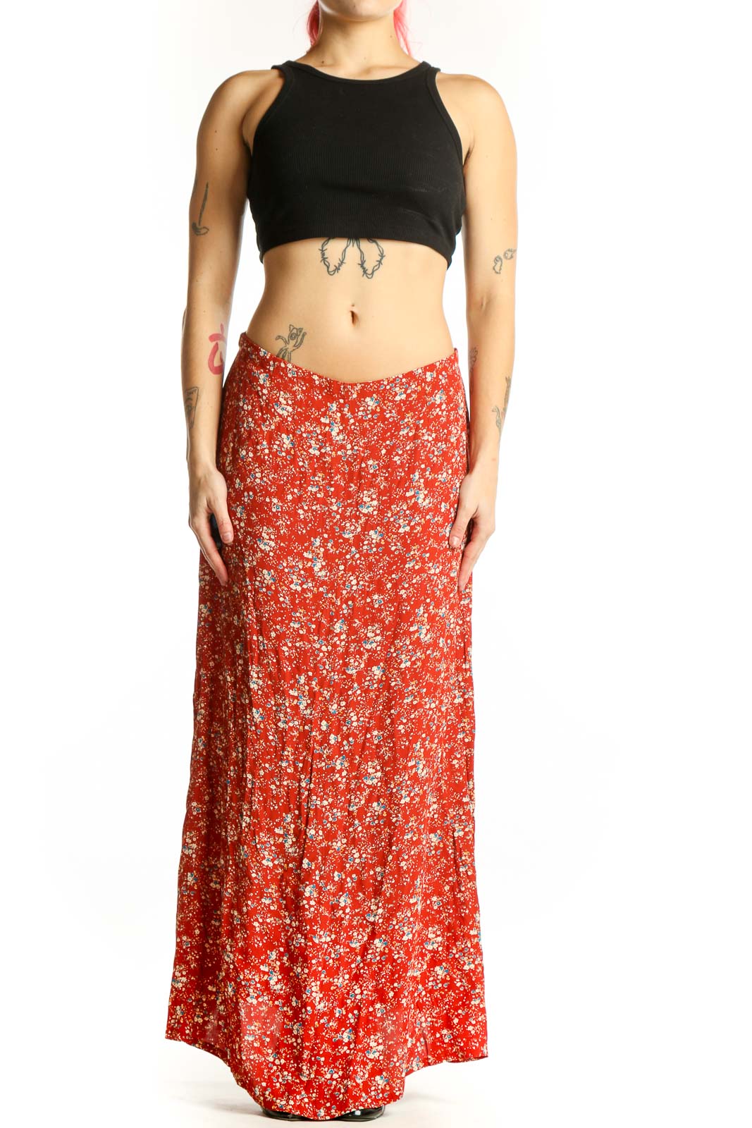 Red floral maxi skirt with white flower print, A-line silhouette, front view