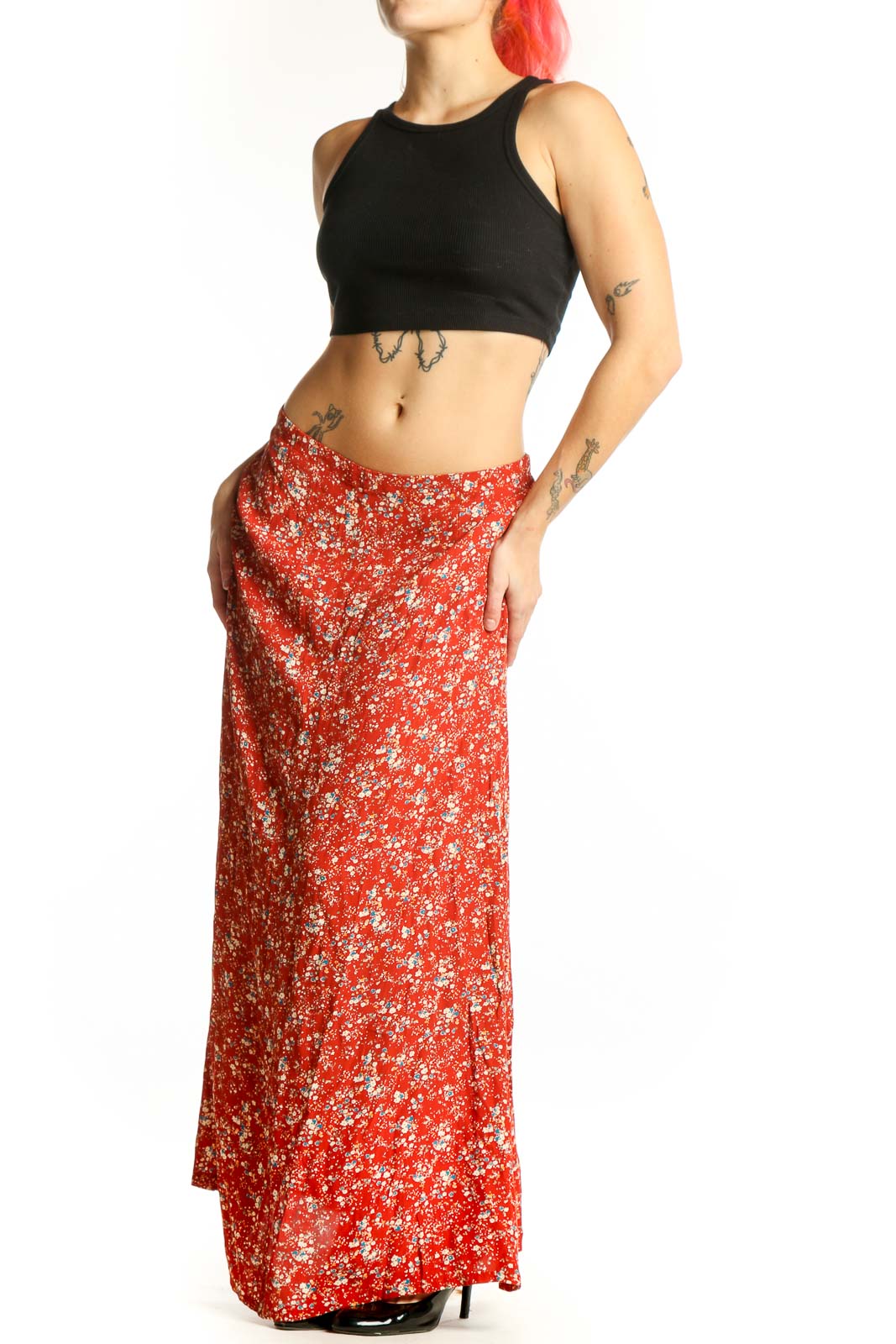 Red floral maxi skirt with white flower print, A-line silhouette, front view