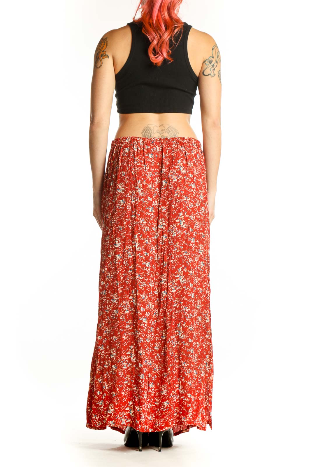 Red floral maxi skirt back view, showing elegant drape and A-line fit