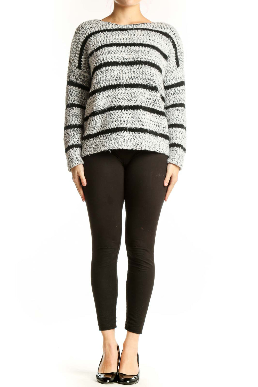 Calvin Klein gray and black striped knit pullover sweater front view