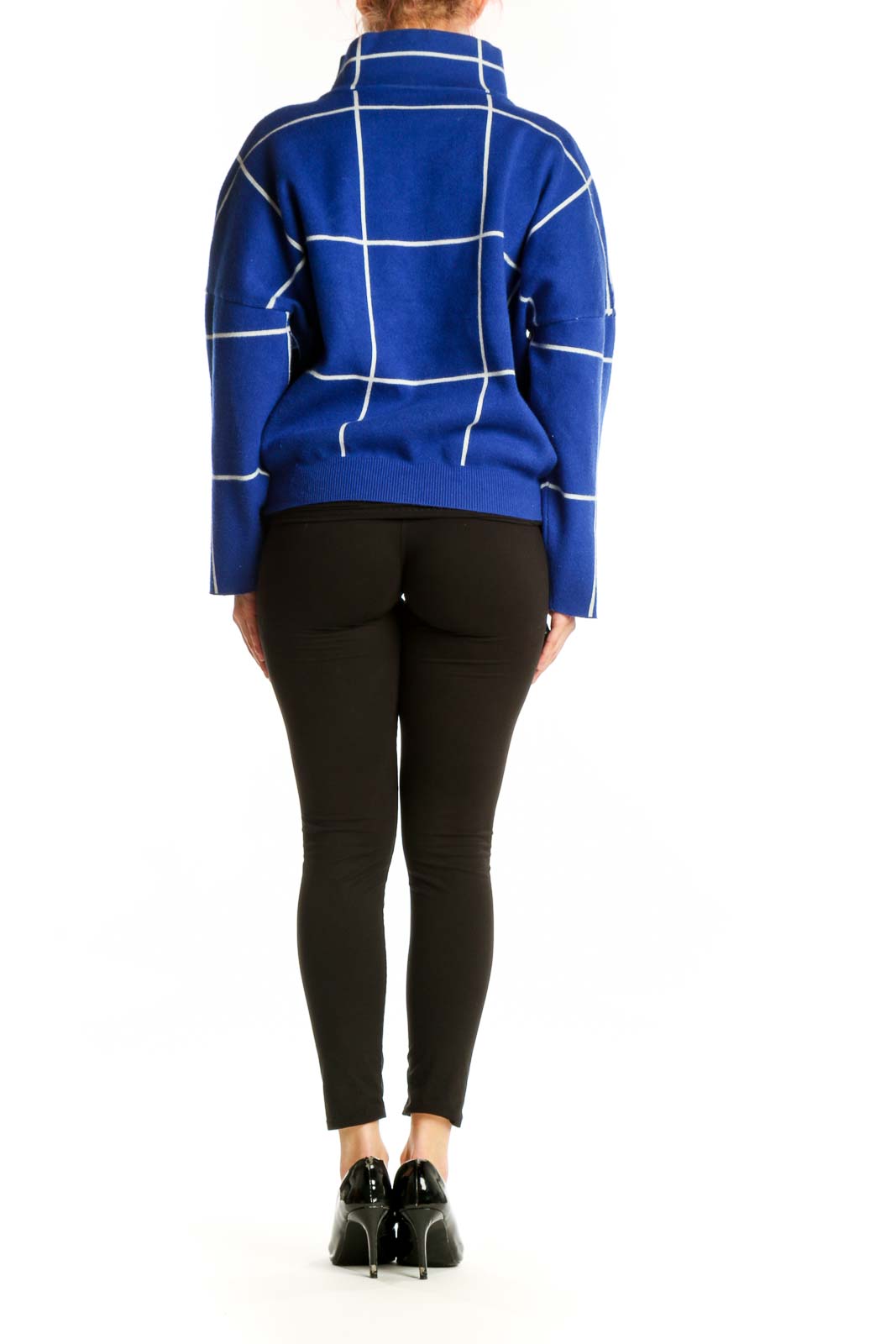 Blue grid turtleneck knit sweater with white geometric pattern, back view
