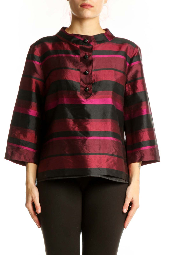Burgundy and black striped button-up blouse with three-quarter sleeves and collared neckline, front view