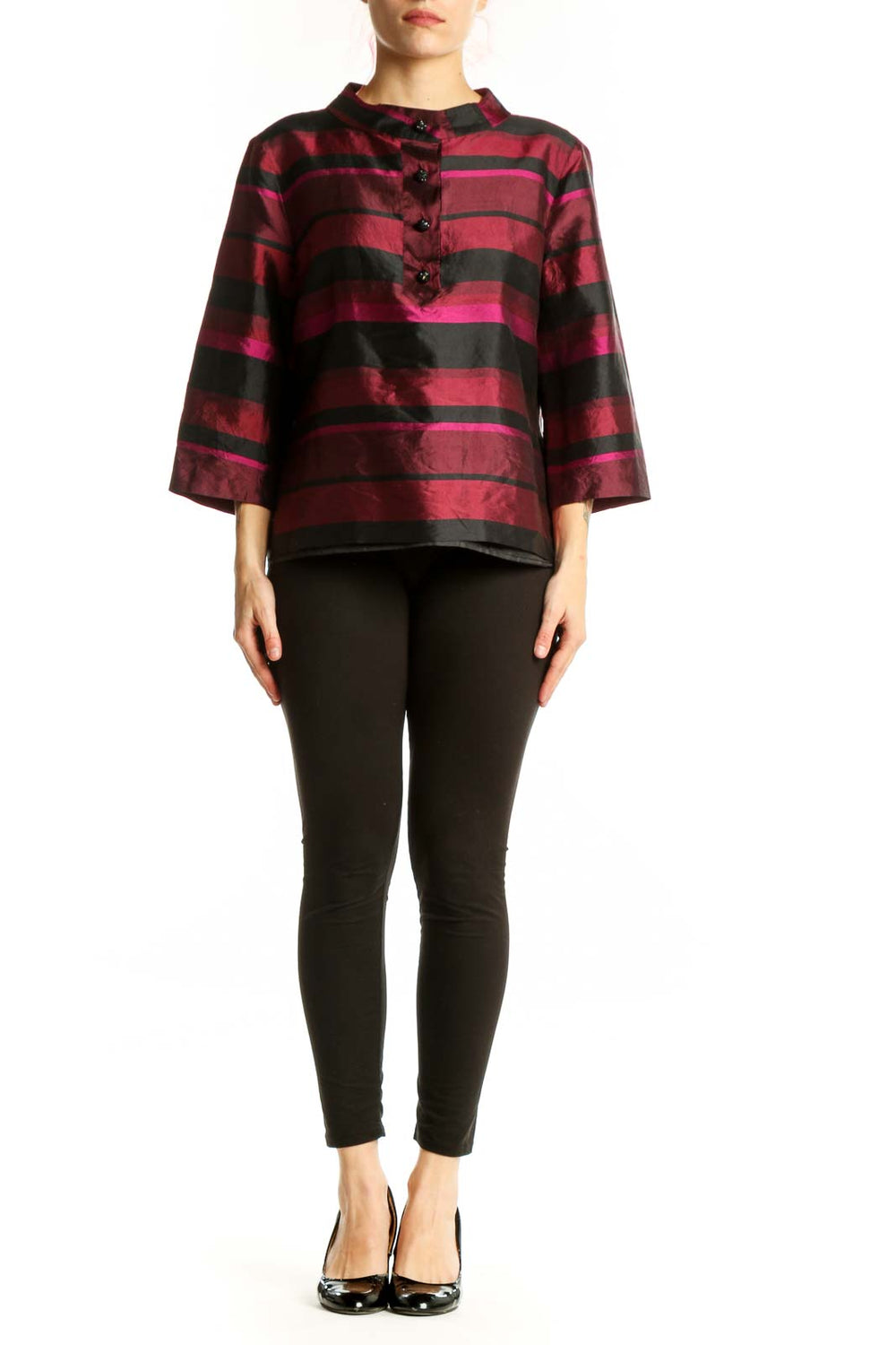 Burgundy and black striped button-up blouse with three-quarter sleeves and collared neckline, front view