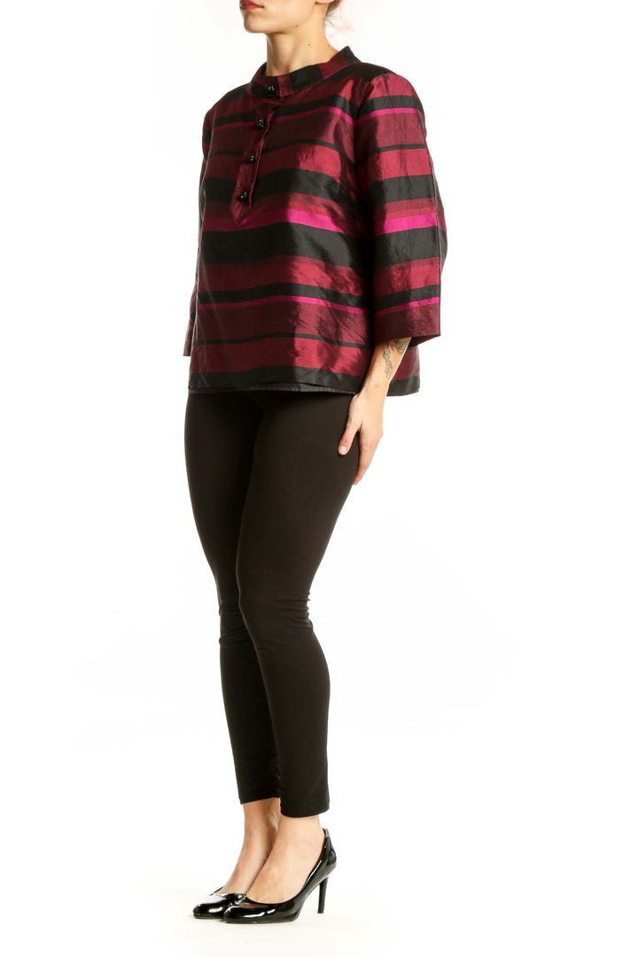 Burgundy and black striped button-up blouse with three-quarter sleeves and collared neckline, front view