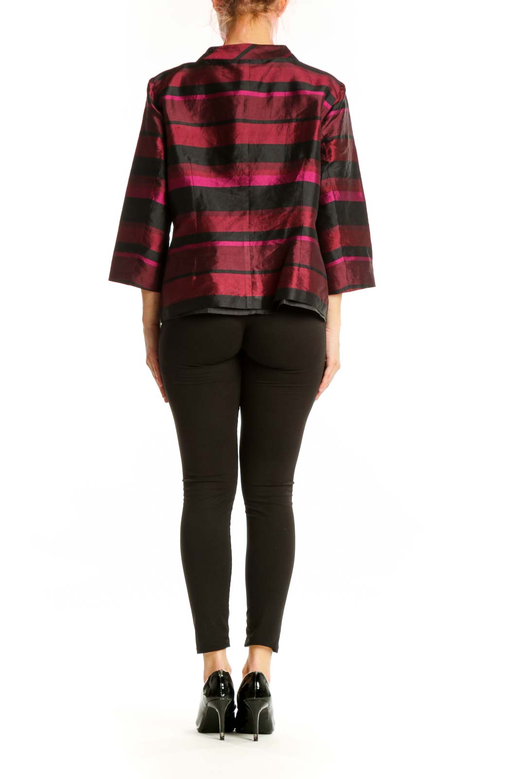 Burgundy and black striped button-up blouse with three-quarter sleeves, back view