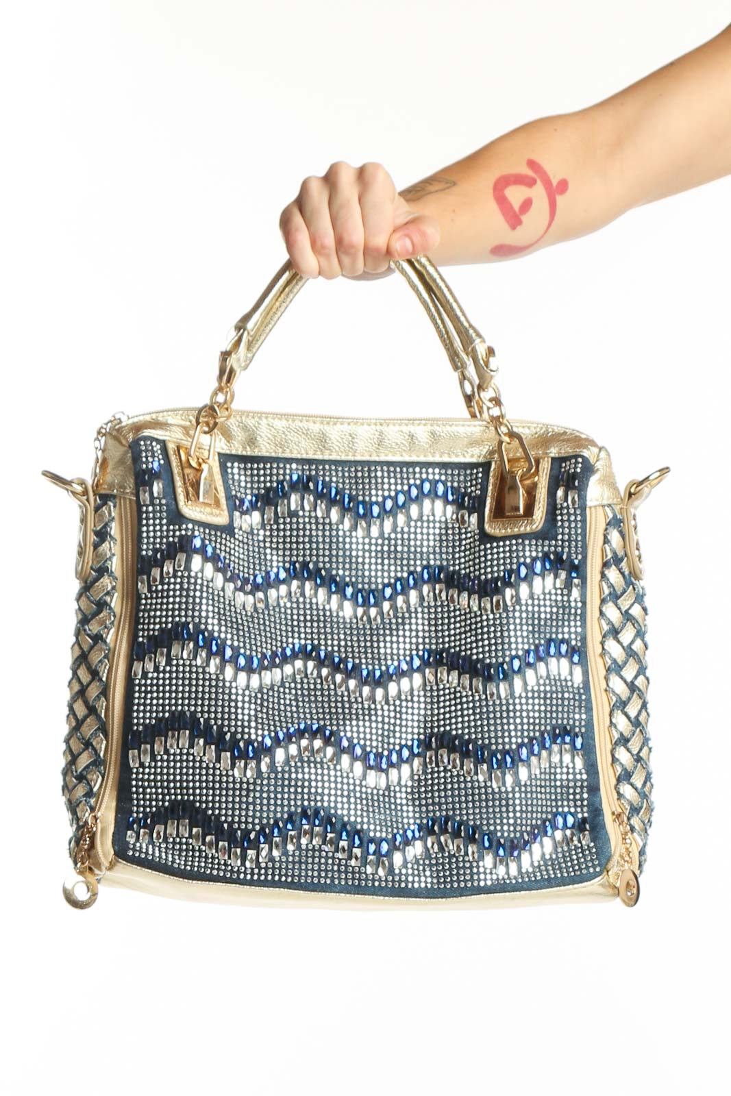 Navy and cream geometric patterned satchel with beadwork detailing and gold-tone dual handles