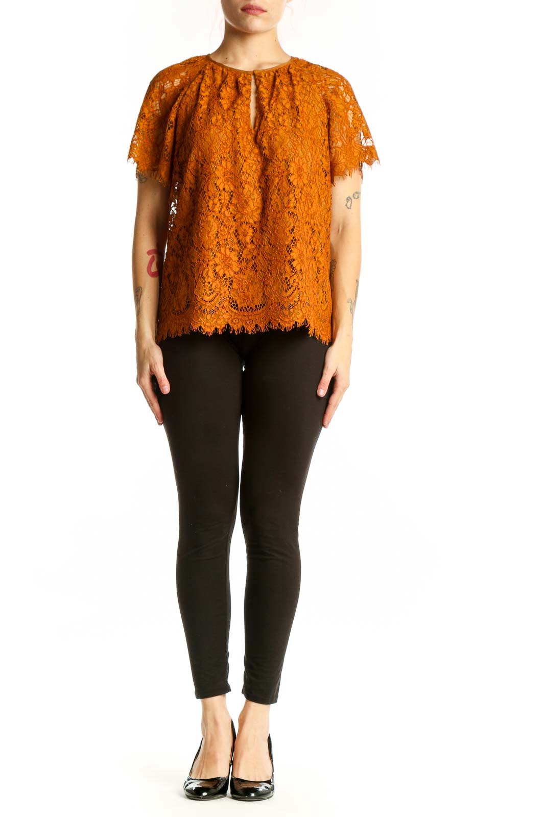 Orange lace short sleeve top with keyhole neckline and scalloped lace edges, front view