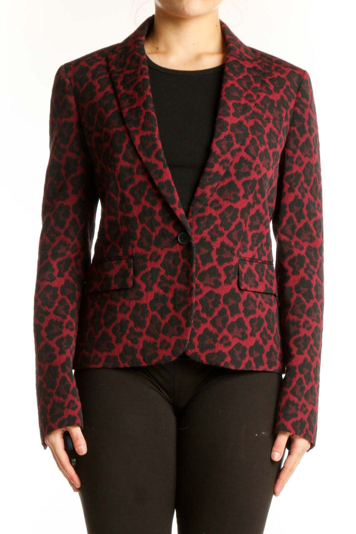 Anne Klein red and black leopard print blazer with notched lapels and single-button closure, front view