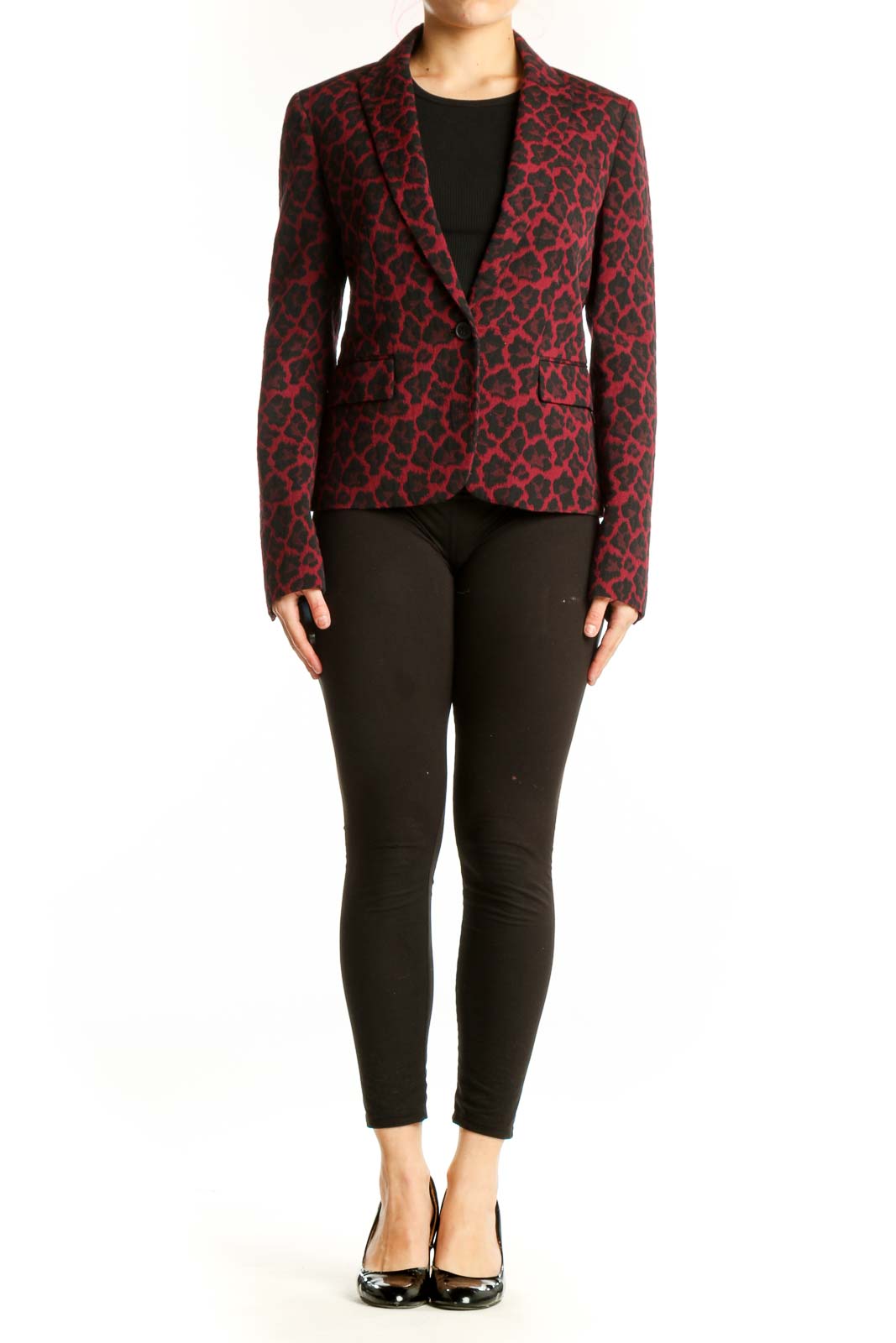 Anne Klein red and black leopard print blazer with notched lapels and single-button closure, front view