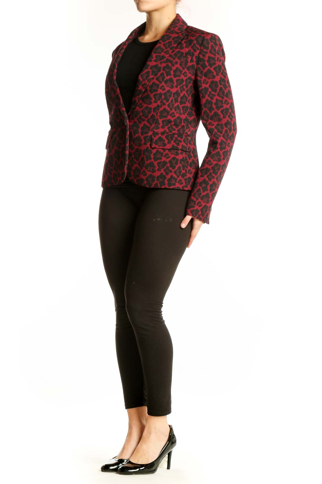 Anne Klein red and black leopard print blazer with notched lapels and single-button closure, front view