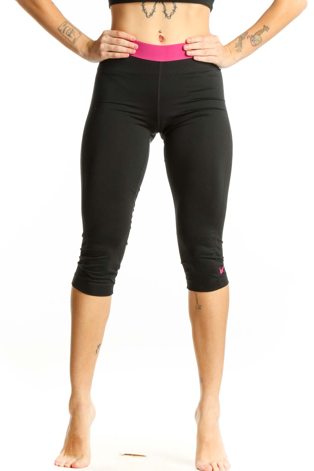 Nike Black Capri Leggings with Pink Waistband - Front View