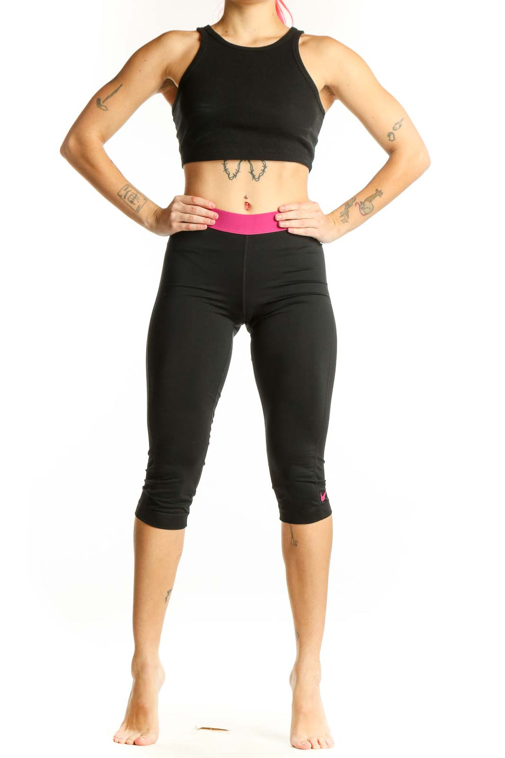 Nike Black Capri Leggings with Pink Waistband - Front View