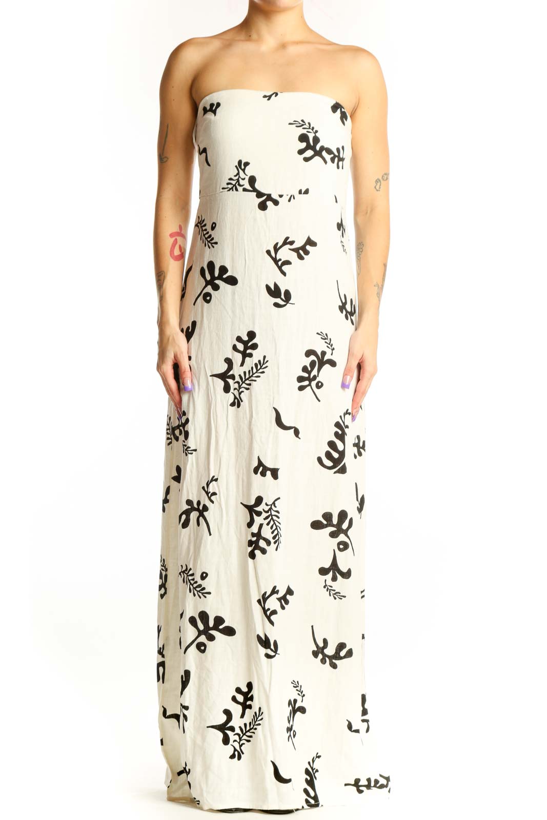 Paper Heart cream strapless maxi dress with black botanical floral print, front view