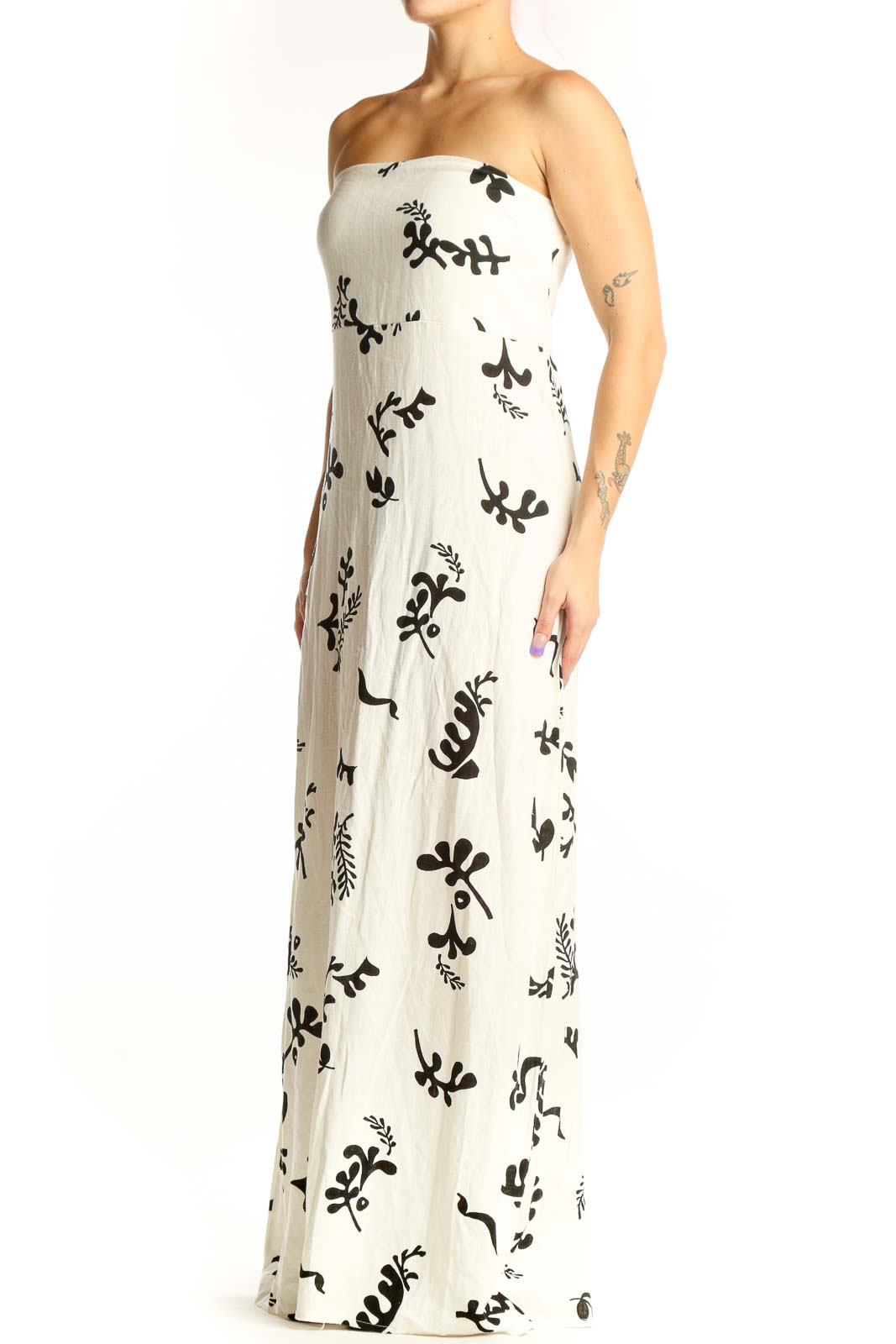 Paper Heart cream strapless maxi dress with black botanical floral print, front view