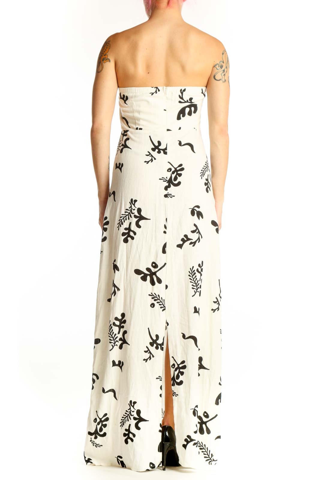 Paper Heart cream strapless maxi dress with black botanical floral print, back view